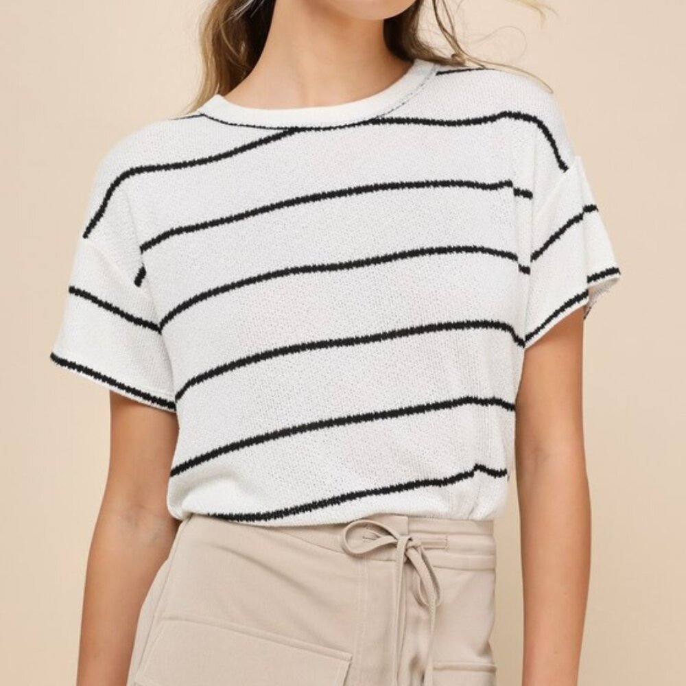 NWT! Lulus Laid-back Perfection White Striped Knit Short Sleeve Top - Size S